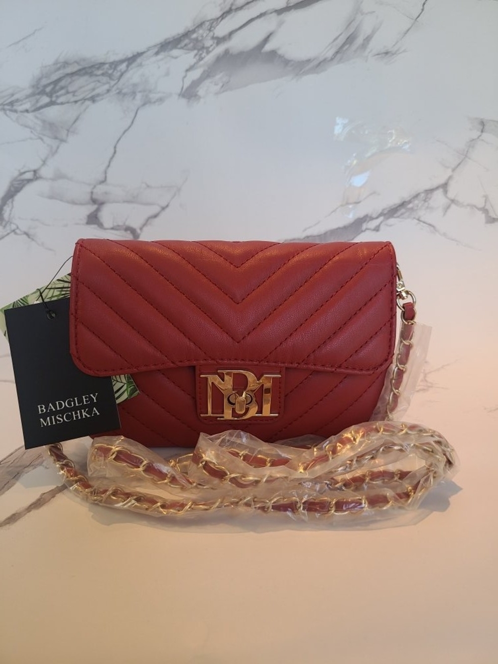 Badgley Mischka Red Chevron Quilted Mini Crossbody with Gold Logo